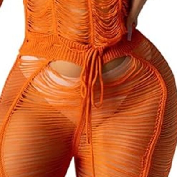Crochet Orange Hollow Out One-Piece Bikini See Through Cover Up Jumpsuit SZ M - Picture 9 of 10